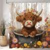 Cute Highland Cow Shower Curtain for Bathroom, Farmhouse Rustic Cow Animal Bathing in Bathtub Shower Curtains Decor Set