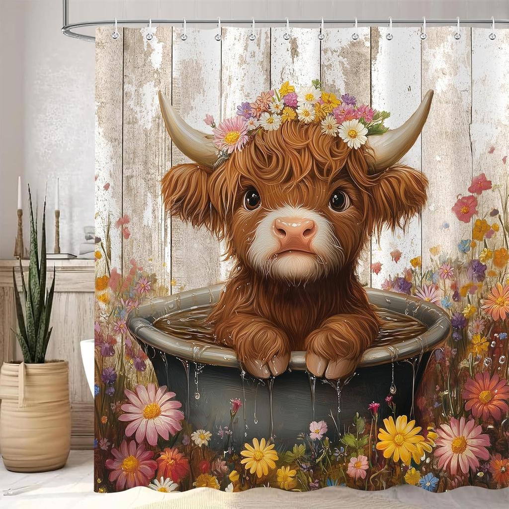Cute Highland Cow Shower Curtain for Bathroom, Farmhouse Rustic Cow Animal Bathing in Bathtub Shower Curtains Decor Set
