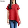 Women Casual Round Neck Short Sleeve Asymmetrical Hem Blouse