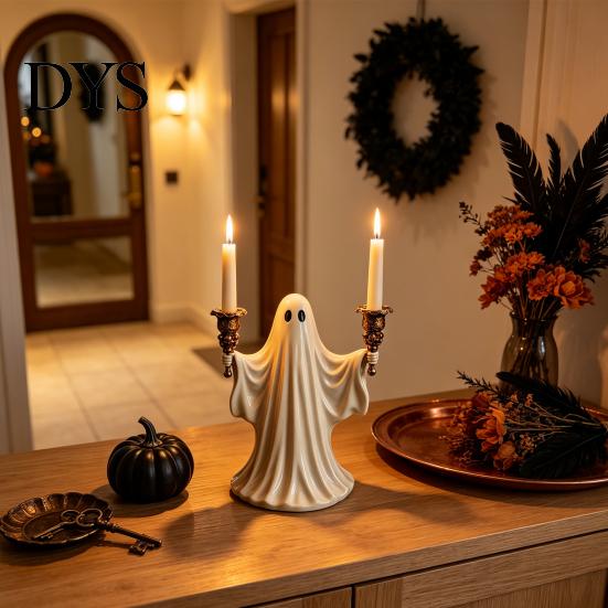 Horror Theme Party Supplies Cute Ghost Candle Holder for Halloween, Resin Tealight Candlestick, Taper Shaped Craft Home Table Decor & Spooky