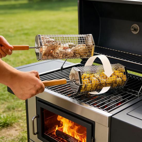 Stainless Steel Rolling BBQ Basket with Wooden Handle Rotating Grill Cage for Camping Picnics Space-Saving Nesting Design Grilling Basket for