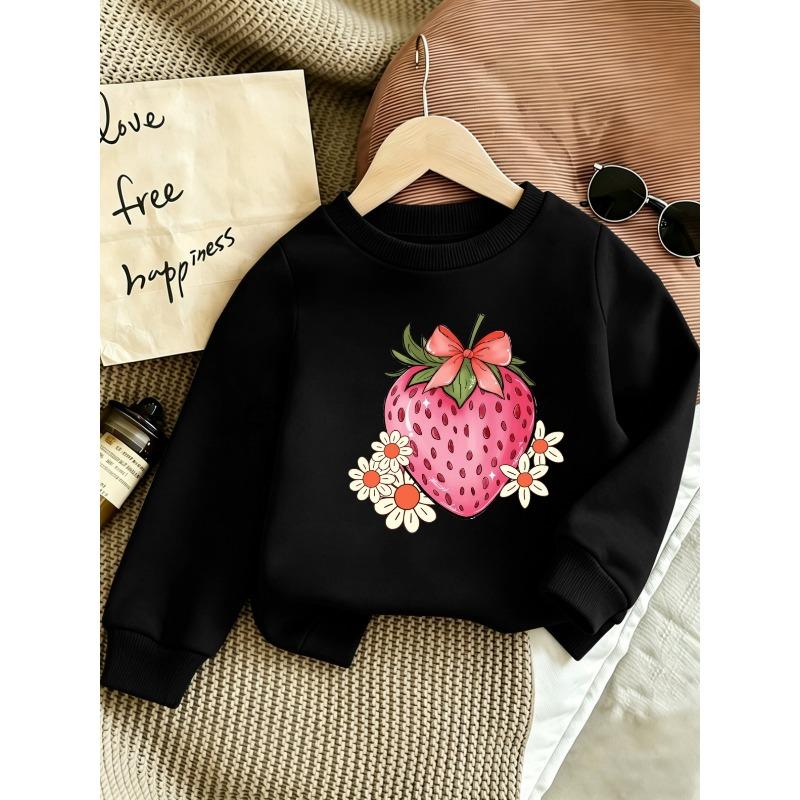 European Sizes Cute Strawberry Print Pattern Kids' Spring Lightweight Crew Neck Sweatshirt, Comfortable Outdoor Wear Choice for 0-3 Year Old Kids