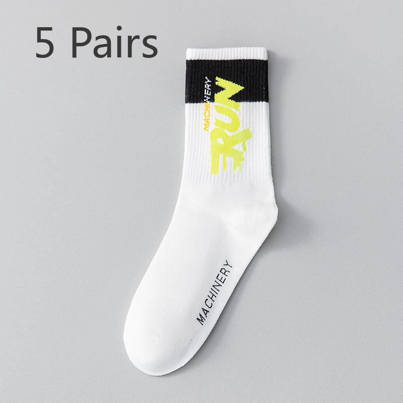 5 Paar Herren Herbstmode Buchstabe Reine Baumwolle Schweißabsorbierend und Rutschfest Basketball Lange Socken