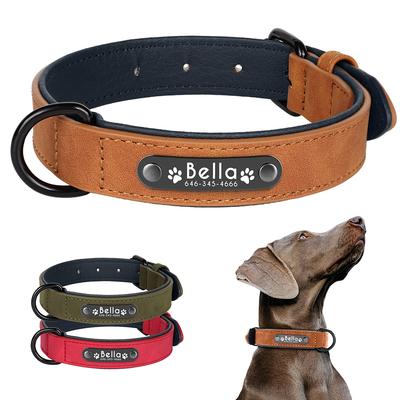 Personalized Name Paw Dog Collar PU Leather Dog Collars Soft Padded Pet Puppy Necklace Free Engraving for Small Large Dogs S-XL