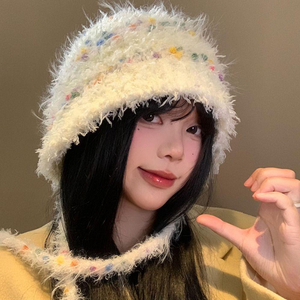 

Autumn Winter Y2k Woolen Crochet Hat Warm Women Bucket Hat Cute Rainbow Beans Hat Female хаки