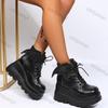 Mode Damenmode Gothic Keil Stiefeletten Schnürung Plateau Stiefeletten Damen Herbst Punk Stil Rutschfest PU Leder Botas Mujer