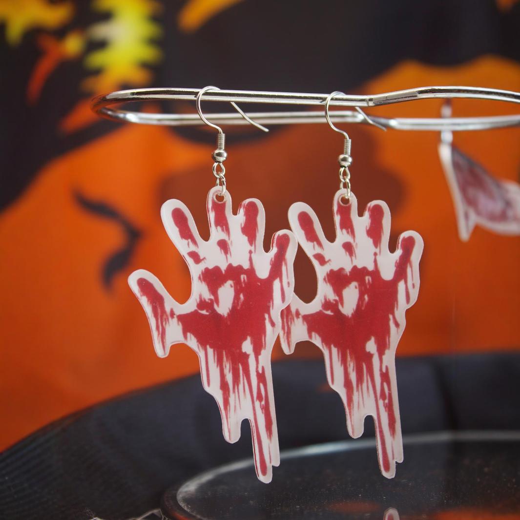 

Halloween Skeleton Blood Handprint Earrings - Acrylic Dangle Jewelry красный
