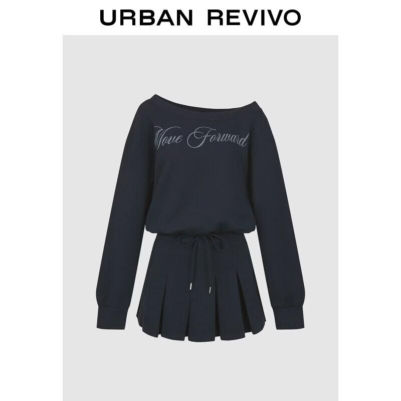 

UR2026 Women s Asymmetric Shoulder Letter Print Pleated Mini Dress L
