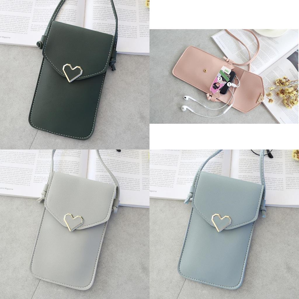Stylish Women Simple Pu Leather Heart-shaped Decor Transparent Touch-screen Mobile Phone Bag
