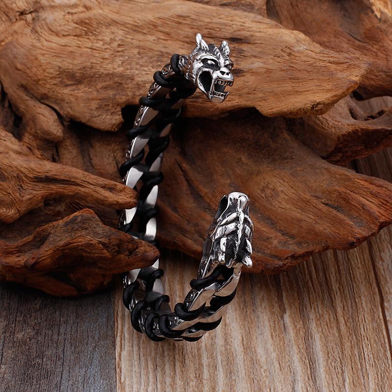 Punk Rock Schädel Wolf Drachenkopf Geformtes Offenes Armreif für Männer Edelstahl & Echtes Leder Armbänder Schmuck für Biker