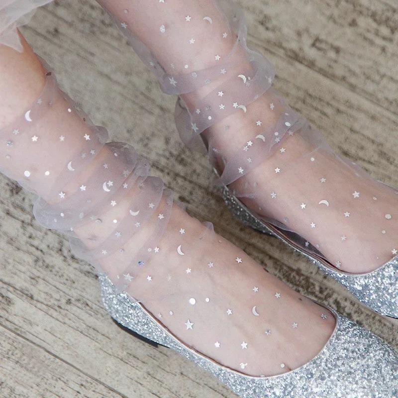 Summer Fashion Candy Color Thin Mesh Tulle Ankle Socks Transparent Elastic Mesh Shiny Stars Moon Fishnet Socks