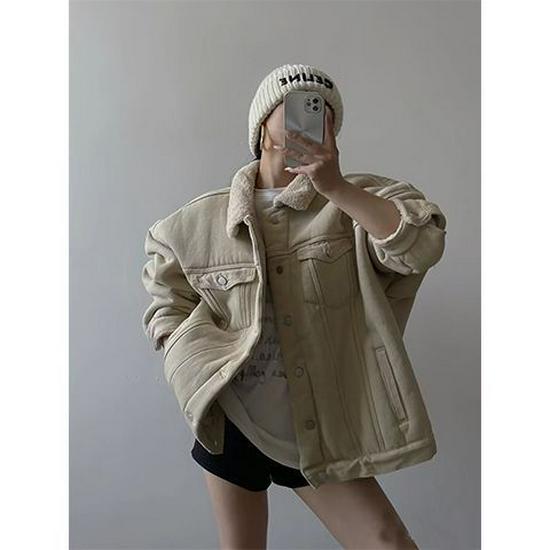 

Retro Chic Fleece-Lined Denim Jacket - Women s Loose Fit, Versatile Slimming Top for Autumn/Winter 2025 XL (Recommended 58-65 kg)