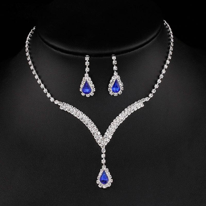 Bridal Jewelry Set: European & American Style Diamond V-Neck Teardrop Pendant Necklace & Stud Earrings N5471