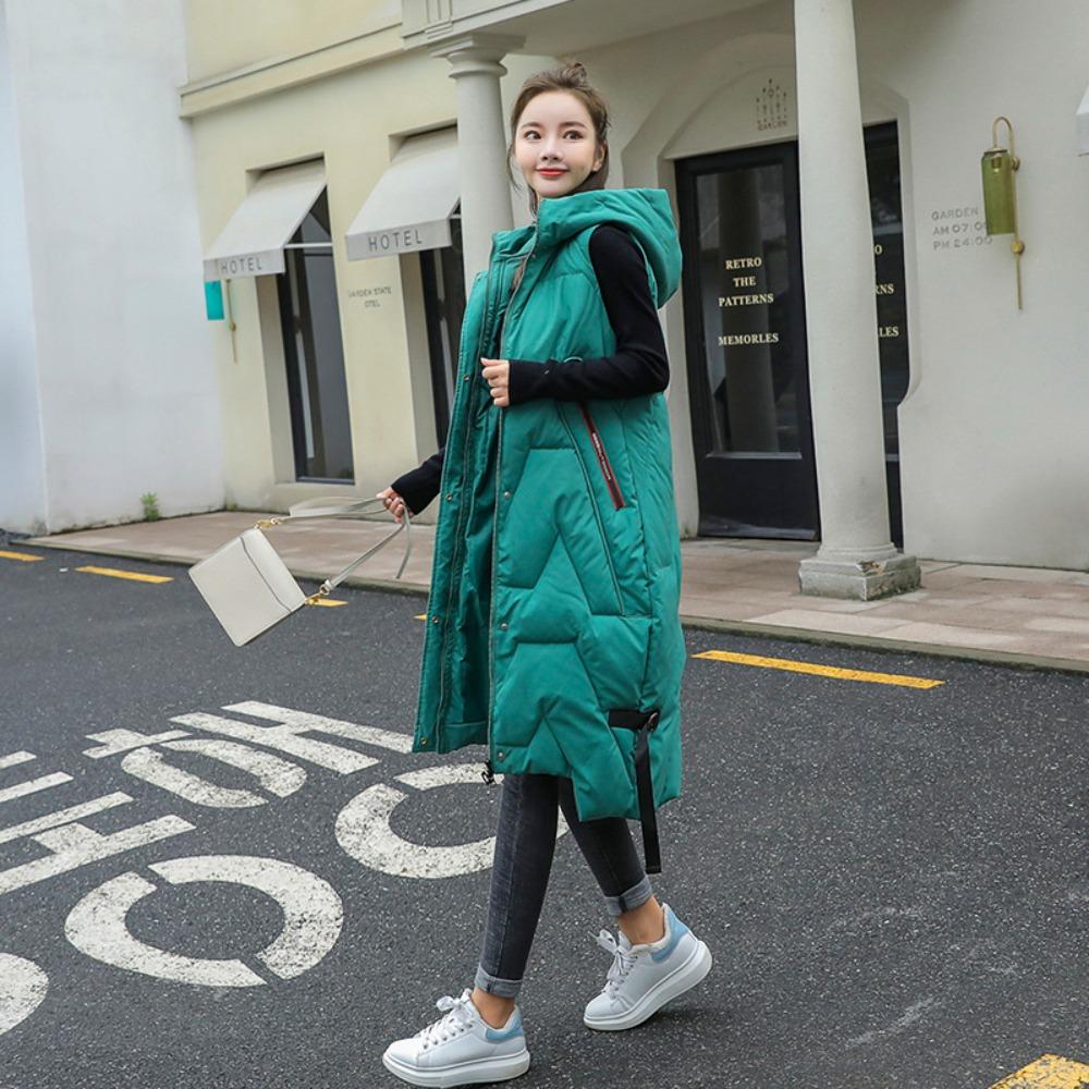 knee-length cotton-padded long vest women's autumn and winter new fashion hooded Korean version casual vest jacket