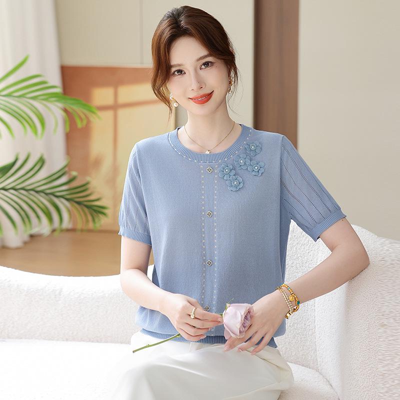 

Mom s 2026 Ice Silk Short Sleeve Top - Stylish, Loose Fit T-shirt for Middle-Aged & Elderly Women, Small Size XL (100-110 jin) синий