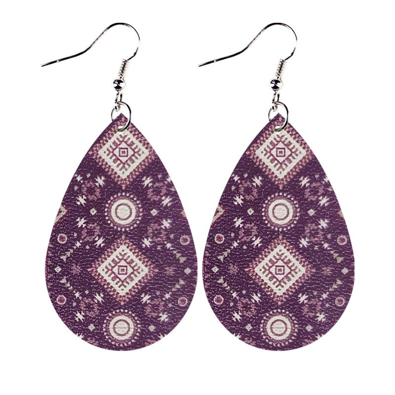 Western Ethnic Totem Pattern Leather Teardrop Earrings for Women