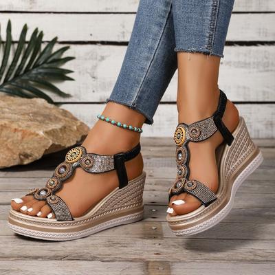 Sandálias Romanas Plataforma com Salto Anabela e Pedrarias Estilo Boho Femininas