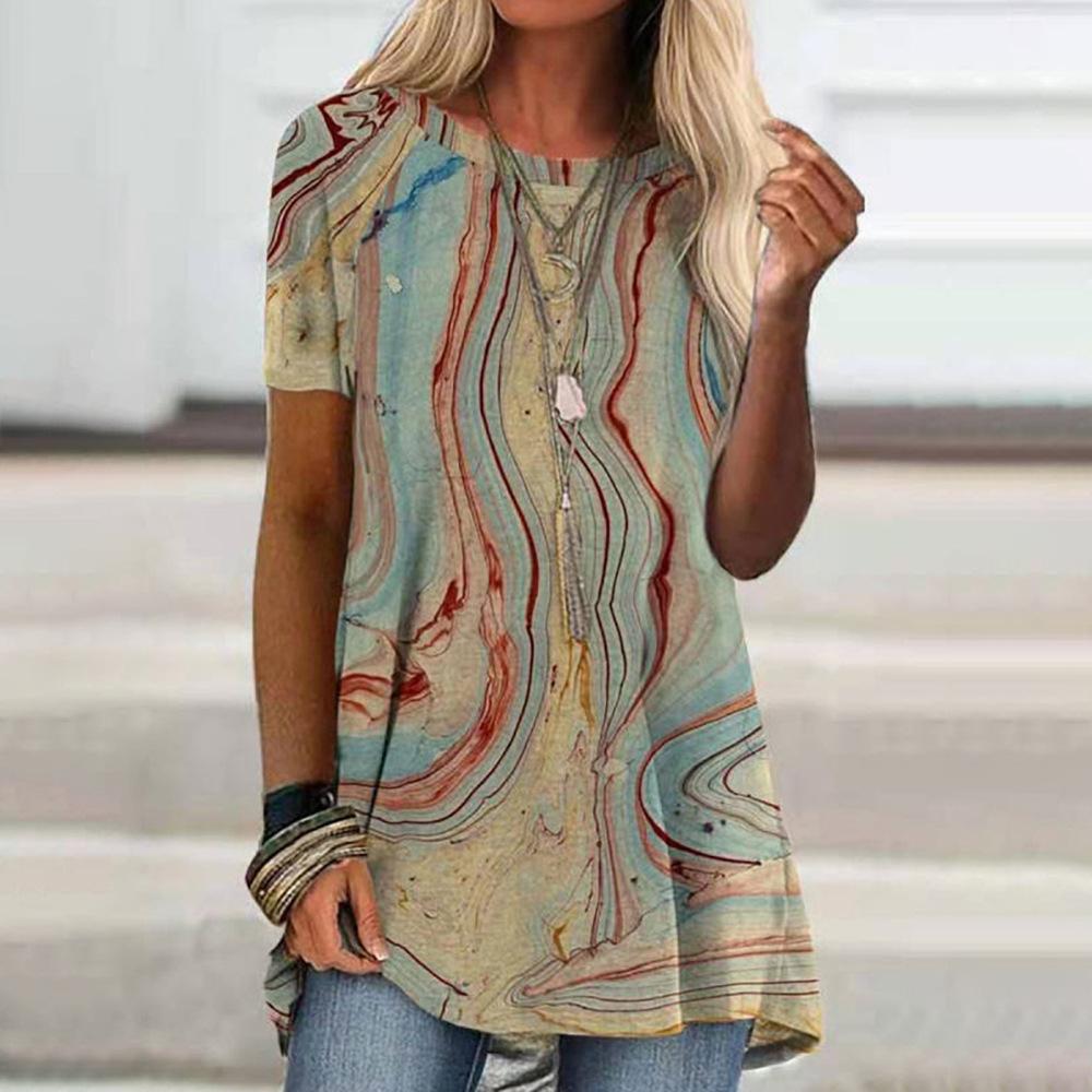 Women's Round Neck Short Sleeve Geometric Print Tunic Top Casual Asymmetrical Hem Blouse