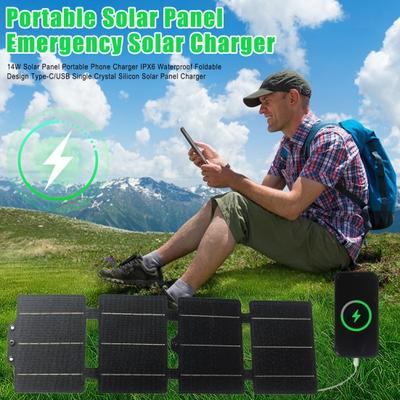 14W Solar Panel Portable Phone Charger IPX6 Waterproof Foldable Design Type-C/USB Single Crystal Silicon Solar Panel Charger