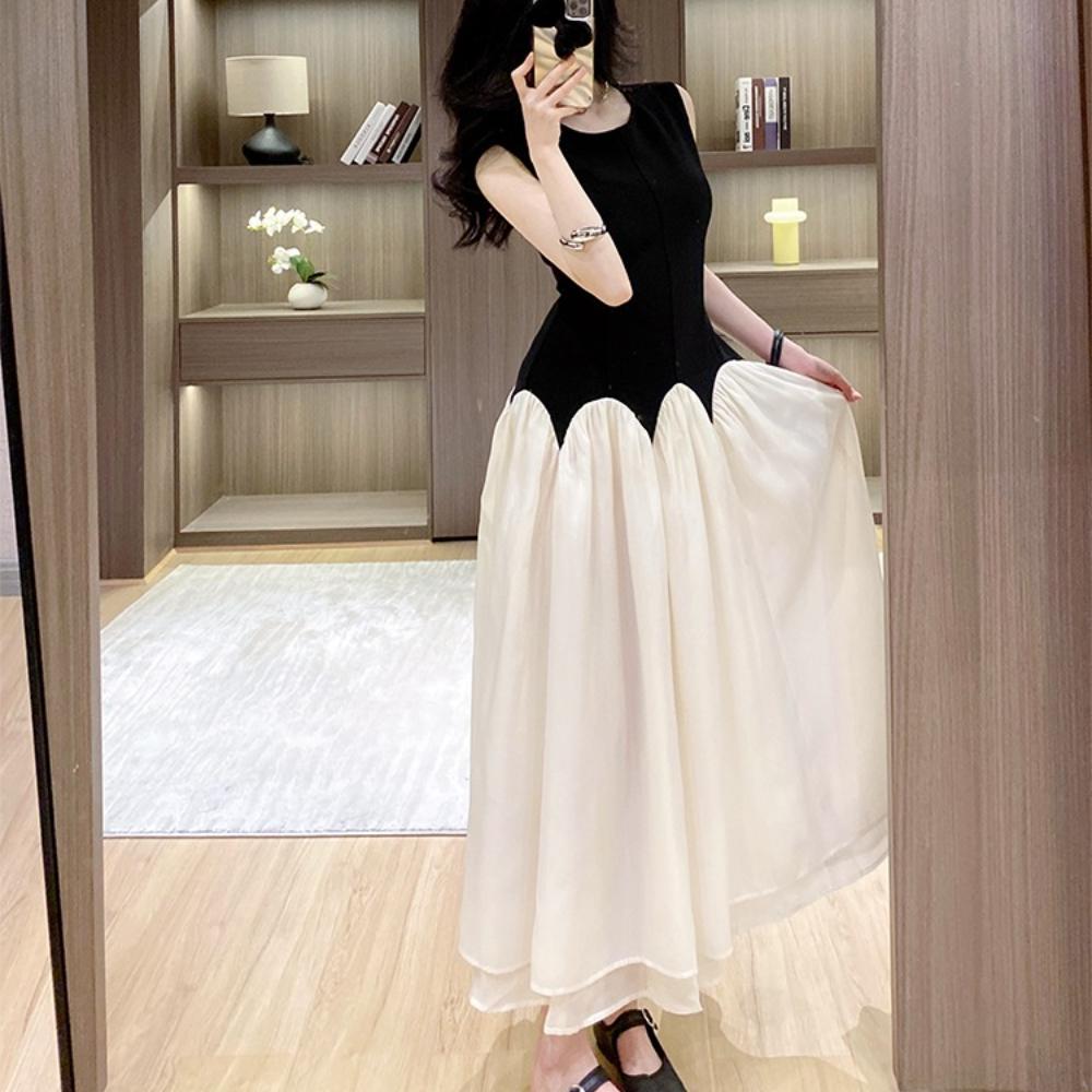Elegant Ladies Round Neck Sleeveless Long Dress Chic Design Patchwork Color Formal Occasion Women Summer Dress