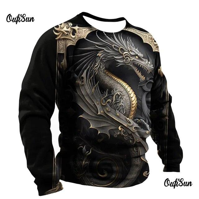 3d Men's Dragon Print T-Shirt Long Sleeve Man Oversized Tee Tops Casual O-Neck Pullover Animal Pattern Male Tshirt Clothes
