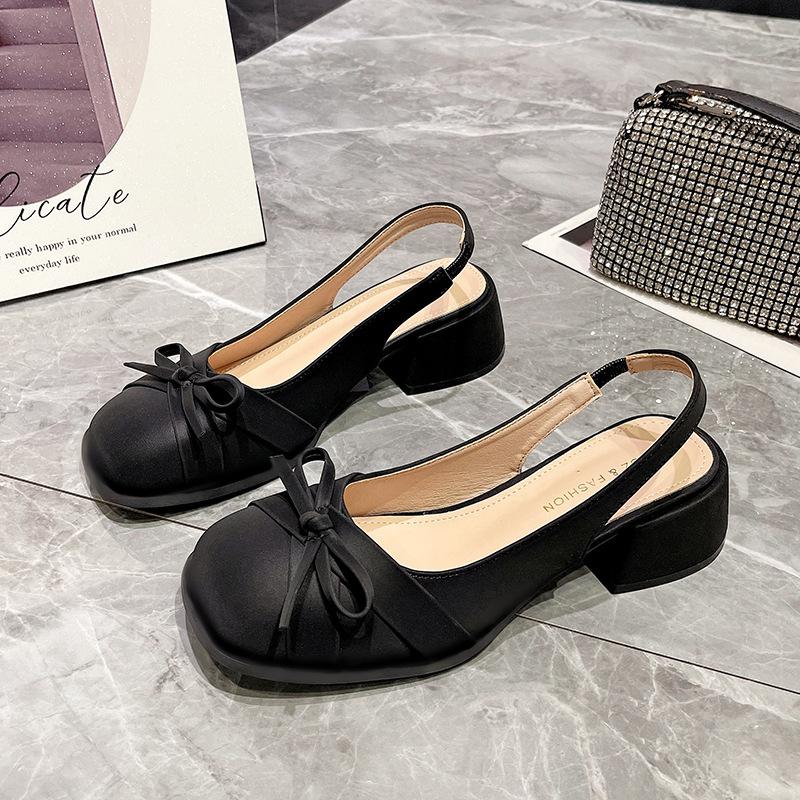 French bow bag head sandals women's 2025 summer new with skirt temperament medium heel single shoes thick heel high heels