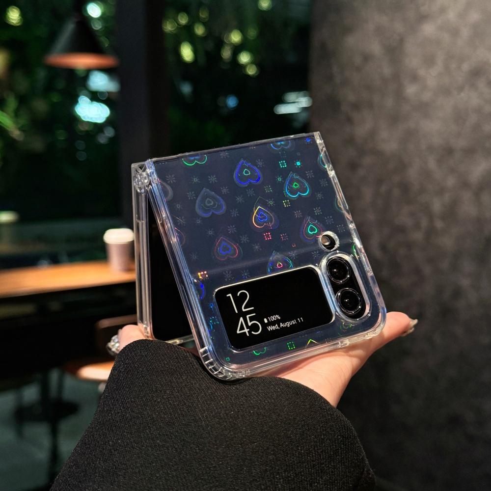 Luxury Laser Heart Flash Phone Case For Samsung Galaxy Z Flip 6 5 4 3 Zflip6 Zflip5 Zflip4 Zflip3 Transparent Folding Funda