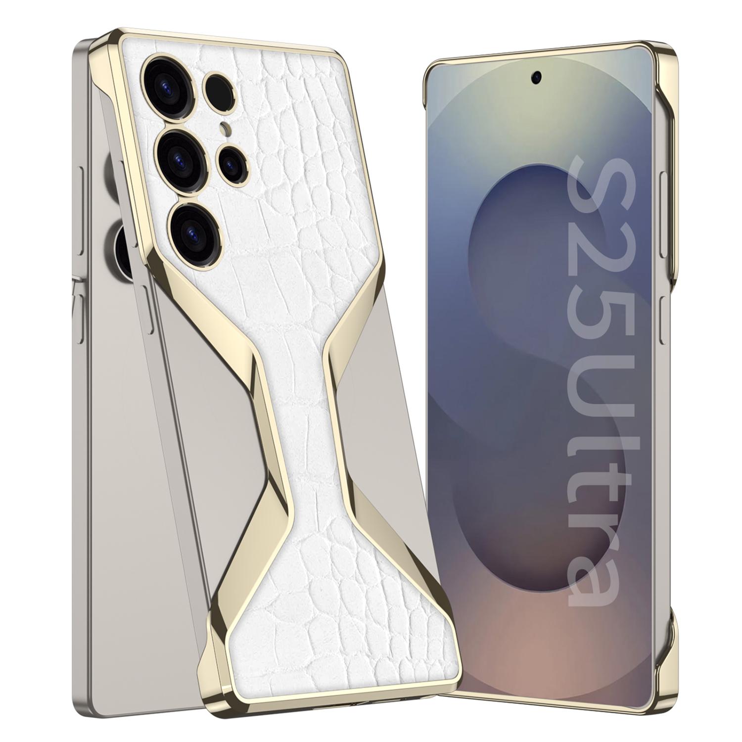 

GKK For Samsung Galaxy S25 Ultra Boardless Case Crocodile Texture Electroplating PC+PU Slim Phone Back Cover White
