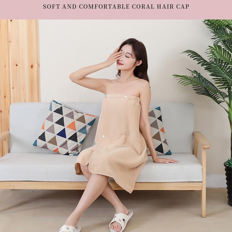 Coral Fleece Bath Skirt Strapless Bow Elastic and Wearable Towel Dry Hair Cap Absorbent