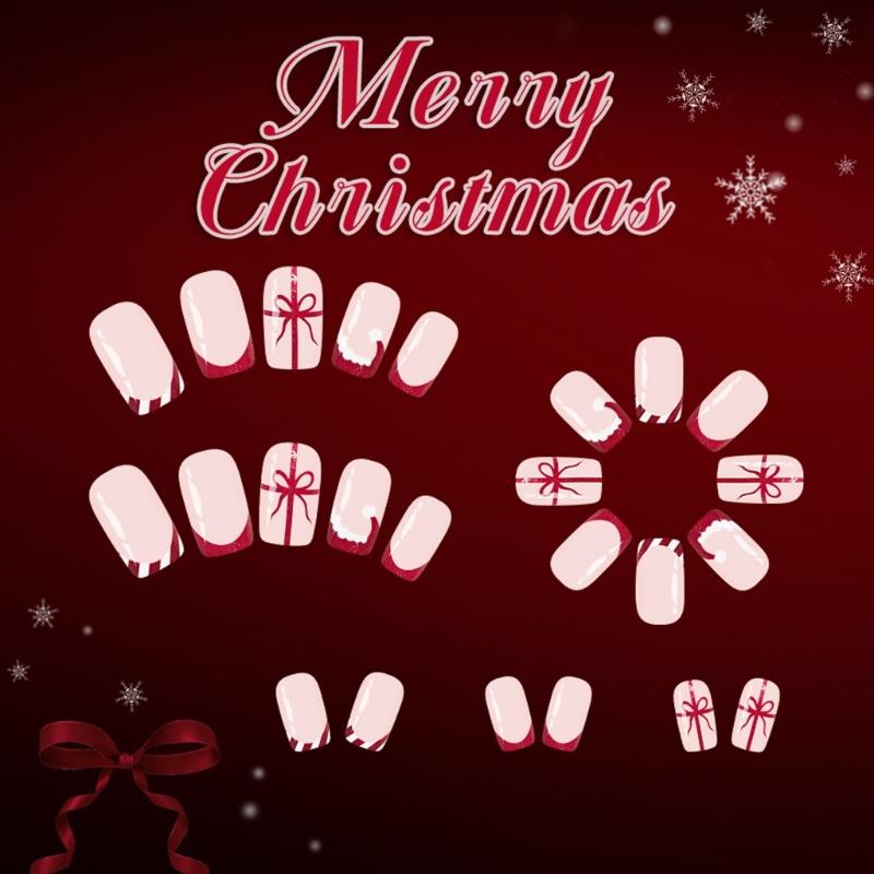 24pieces Christmas French Glitters Red Press On Nail Short Square False Nail With Shine Finish For Holiday Party Gift