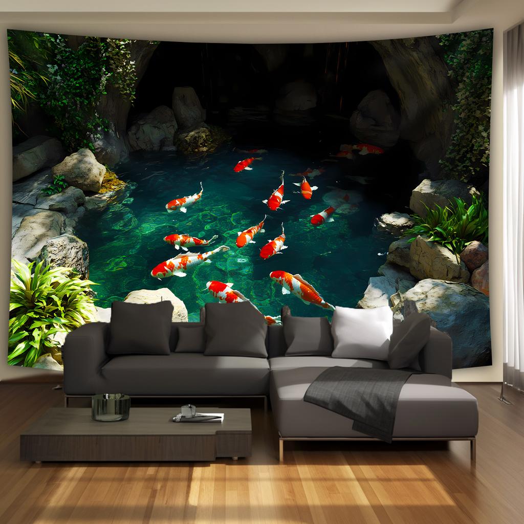 Japanese Style Koi Tapestry, Swimming Carp And Lush Plants, Peaceful Wall Decor For Living Room Dorm