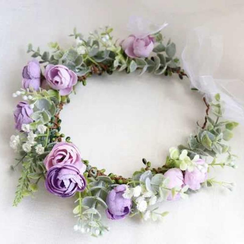 Green Leaf Flower Headband Boho Floral Hairpiece Elegant Wreath for Festival Wedding  Bridesmaid Hair Decoration фиолетовый