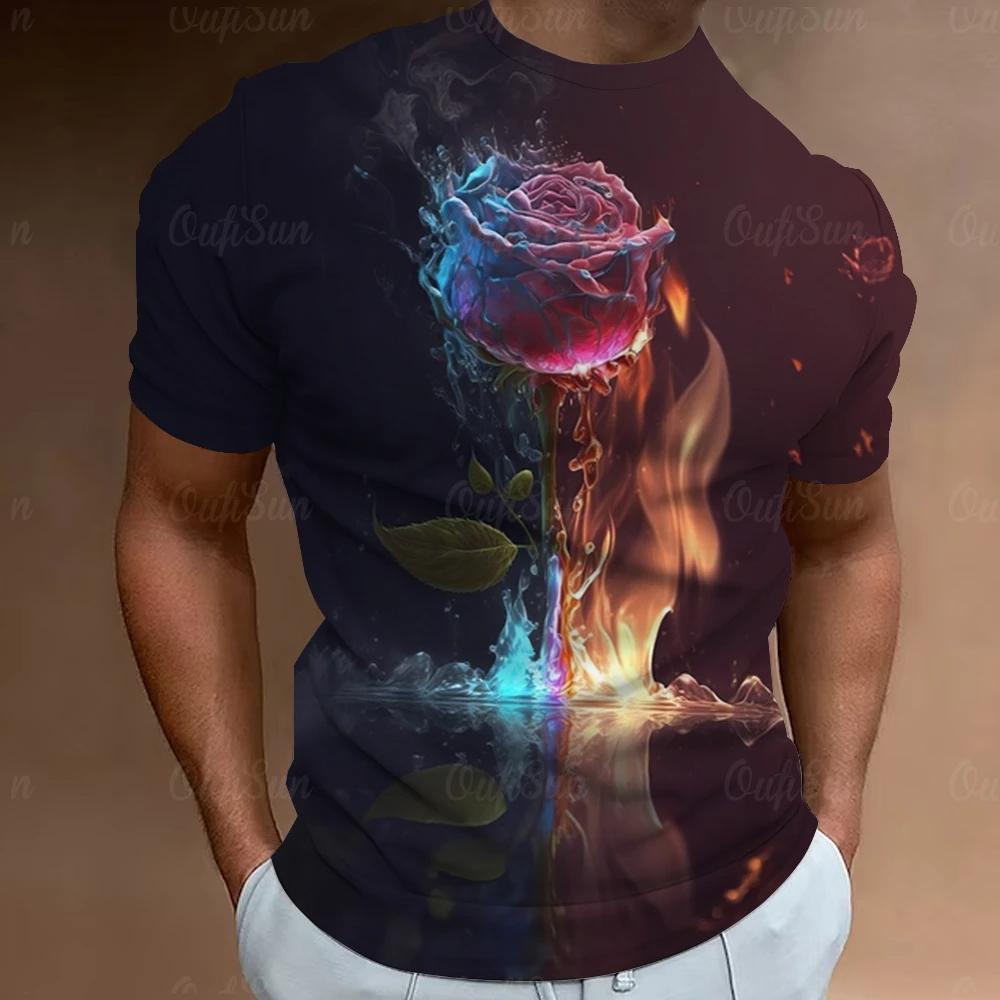 Mote Herre T-skjorte 3D Blomsterprint Kortermet Topper Street Casual Rose T-skjorte Streetwear Oversized T-skjorte Herreklær
