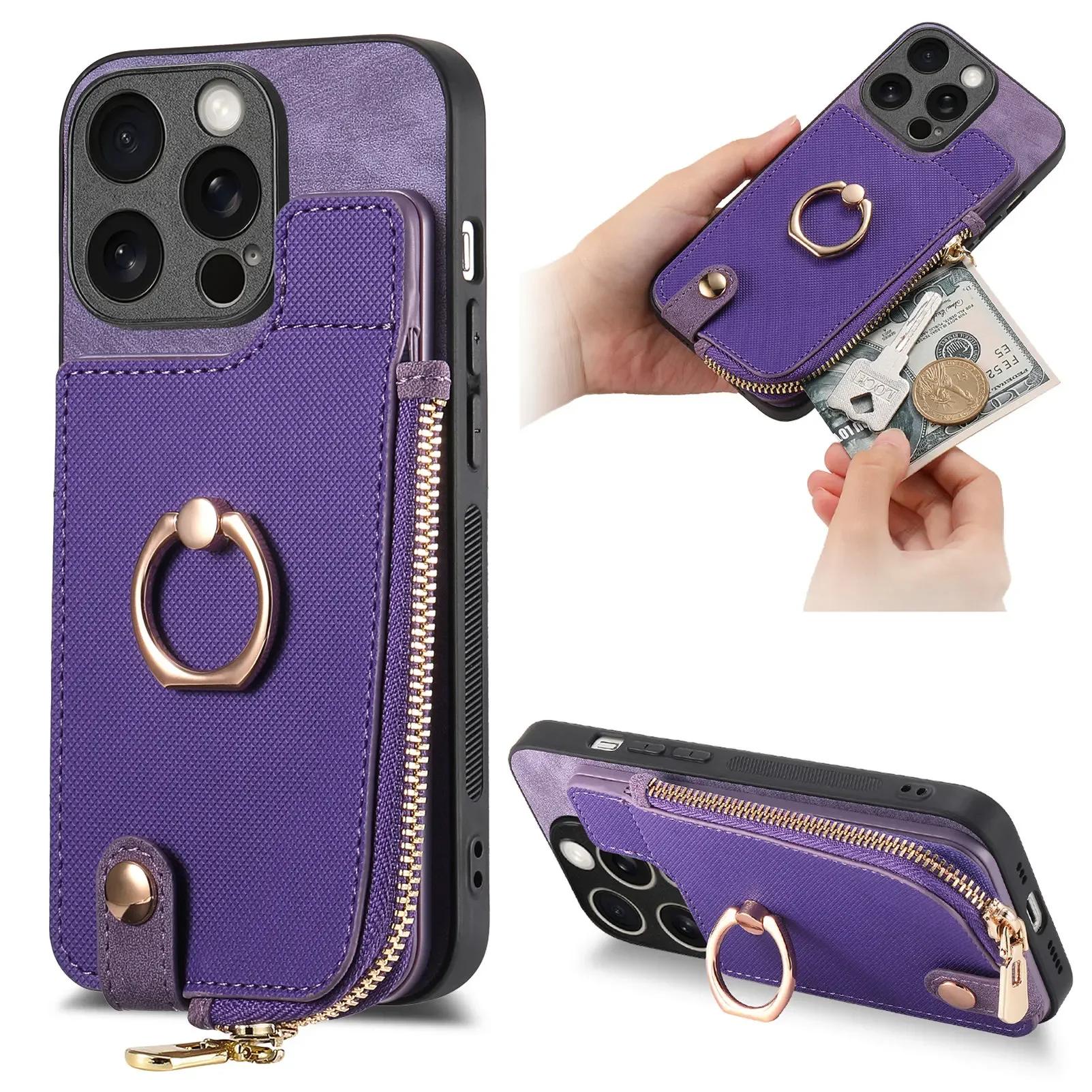 

Zipper Vertical Cards Slot Ring Holder Wallet Case For iPhone 15 Pro Max 14 Plus 13 12 11 XS X XR 7 8 SE 2022 Cover Purse Cover For iPhone 15Pro фіолетовий