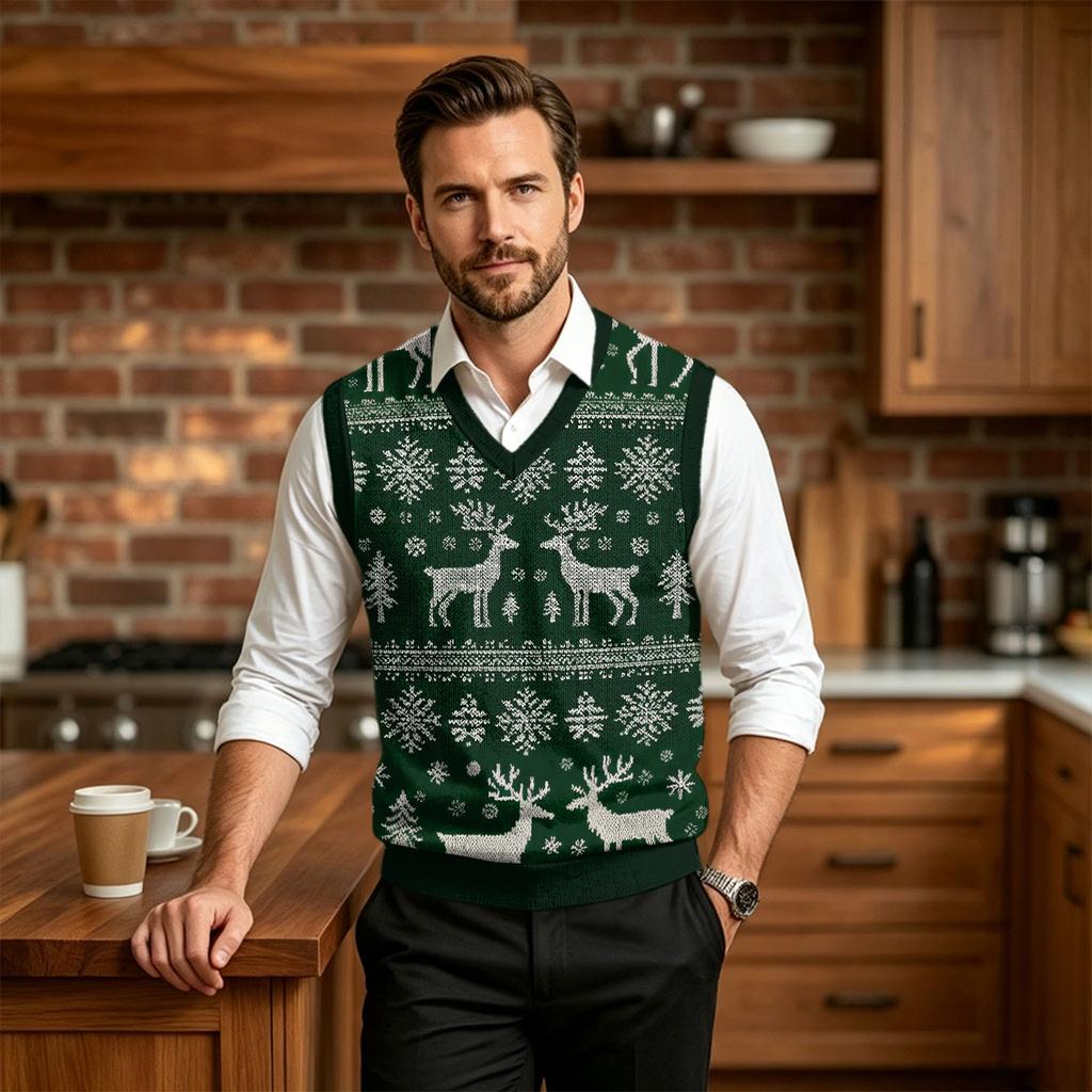 Men's V-Neck Sleeveless Knit Vest Casual Wool with Christmas Print for Commuting