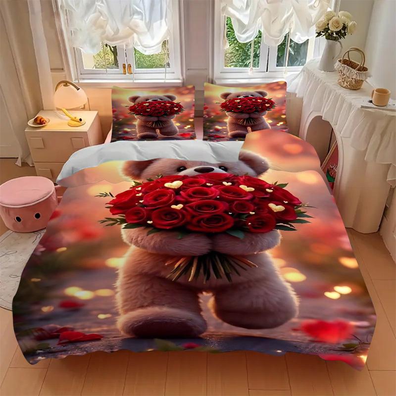 3pcs Anime Teddy Bear Roses Bedding Set - Includes One Quilt Cover and Two Pillowcases (No Core) - Home Decor, Festival Gift, Polyester Fabr