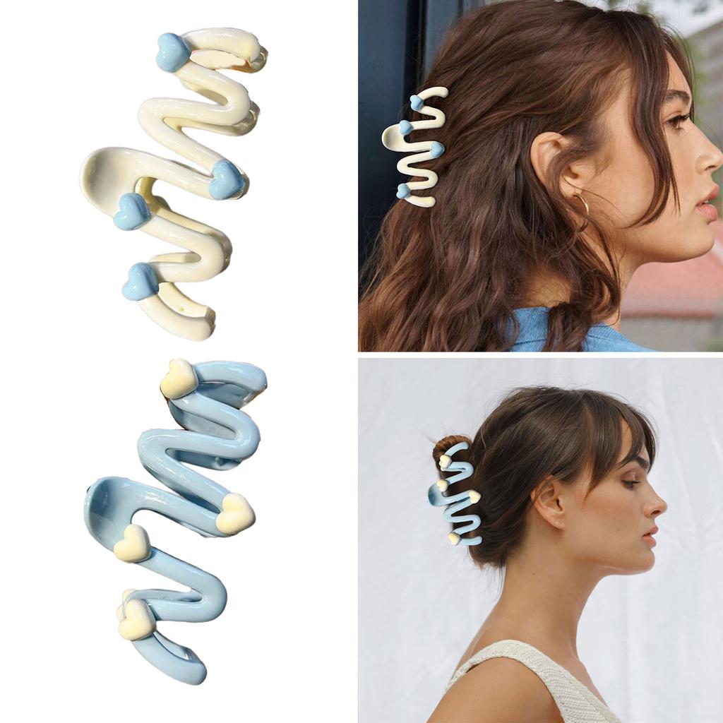 Blue Heart Waved Shaped Hair Claw Cream Color Clip for Women Sweet Cute Irregular Shark Hairpin Unique Hair Decoration