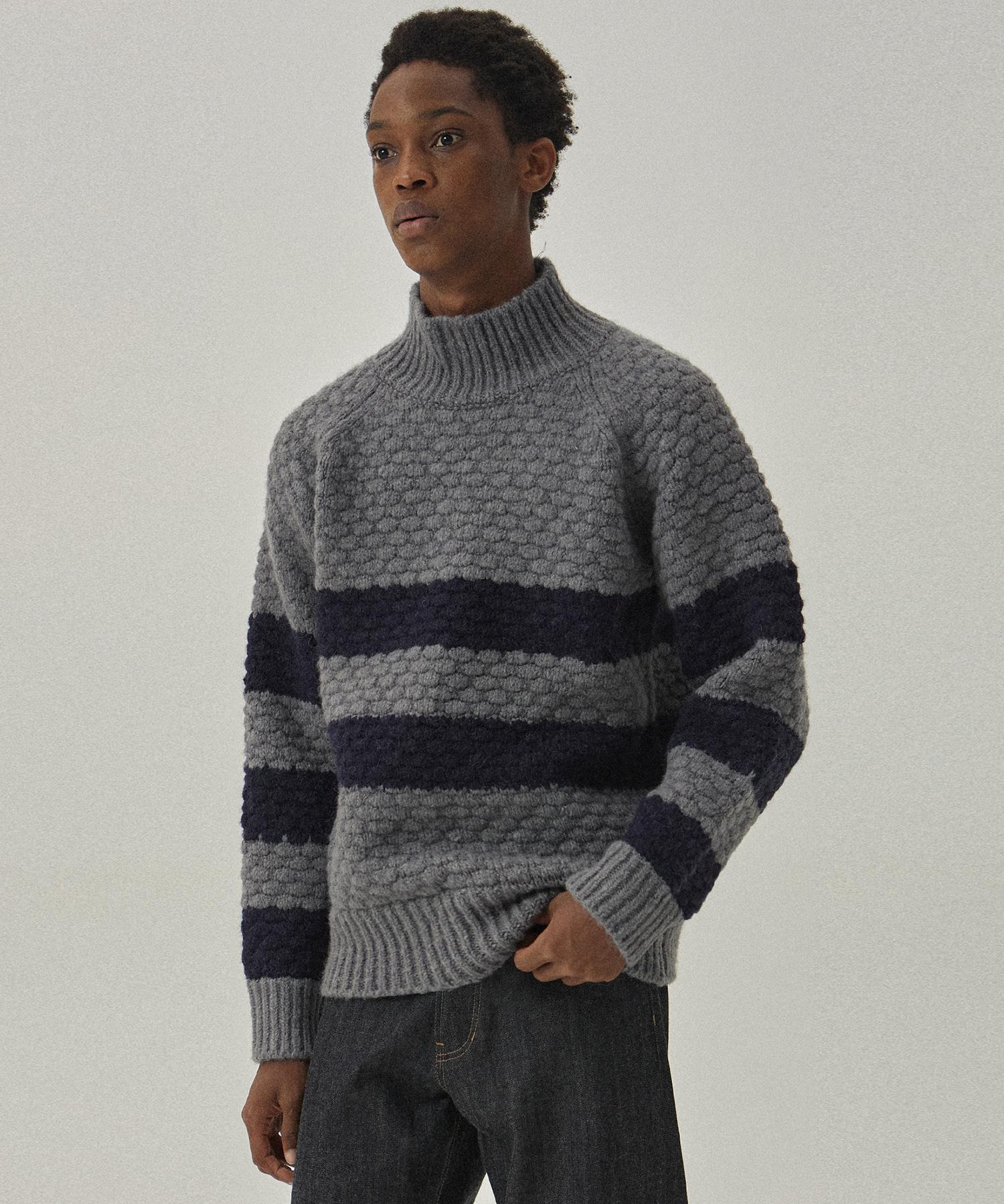 Mc Wood Gun Knit 3952 Embossed Navy Block Melange Grey Half Turtleneck Sweater M