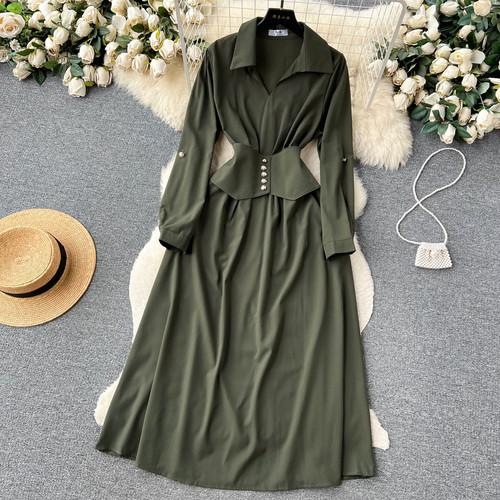 Vintage Spring Summer Solid Slim Button Full Lady Dress A Line Turndown Collar Chiffon Pullover Women Dresses One Size армия зеленый