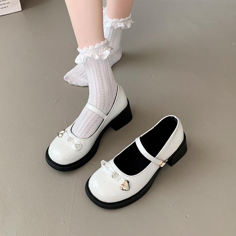 Retro thick heel Mary Jane shoes women's 2025 new bow jk single shoes black one-word buckle belt small leather shoes