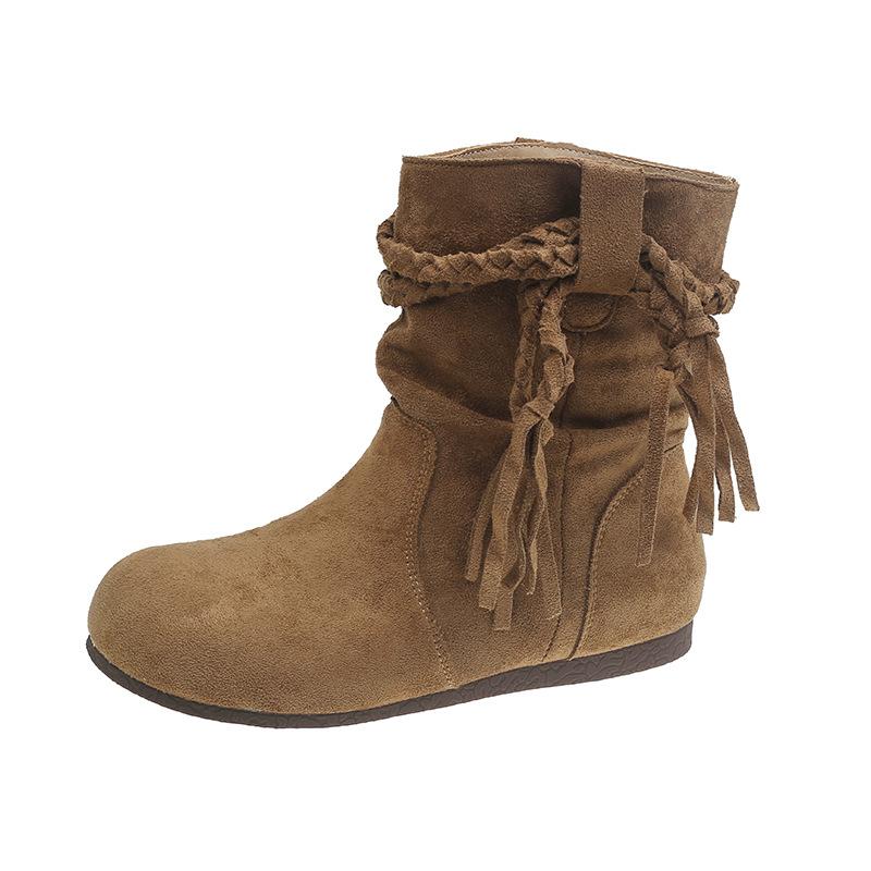 2025 spring and autumn brown fringed boots popular retro wasteland wind foreign gas boots pleated pile cowboy boots children