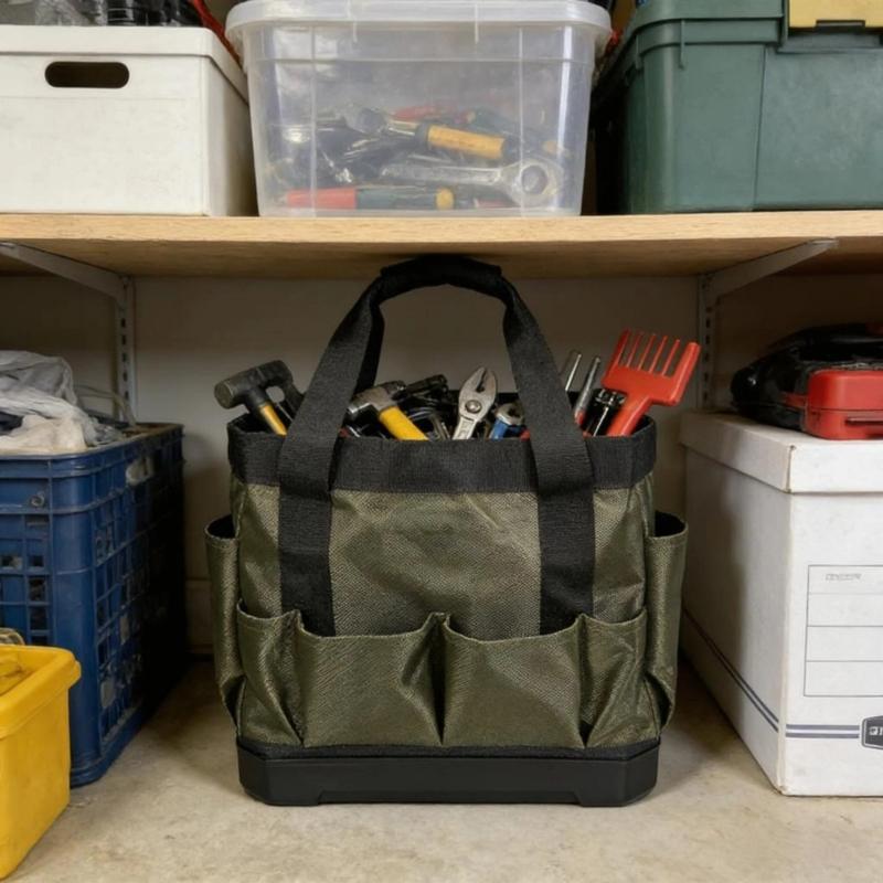 Heavy Duty Fabric Tool Storage Bag With Reinforced Plastic Base & Handle For Garden Home Repair Tool Box Holder