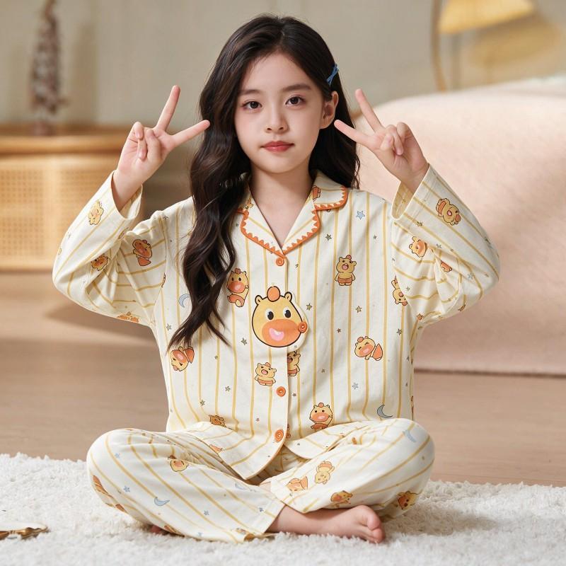 100% Cotton Girls Pajama Set Long Sleeve Cartoon Print Sleepwear Open Front Robe Style Fall