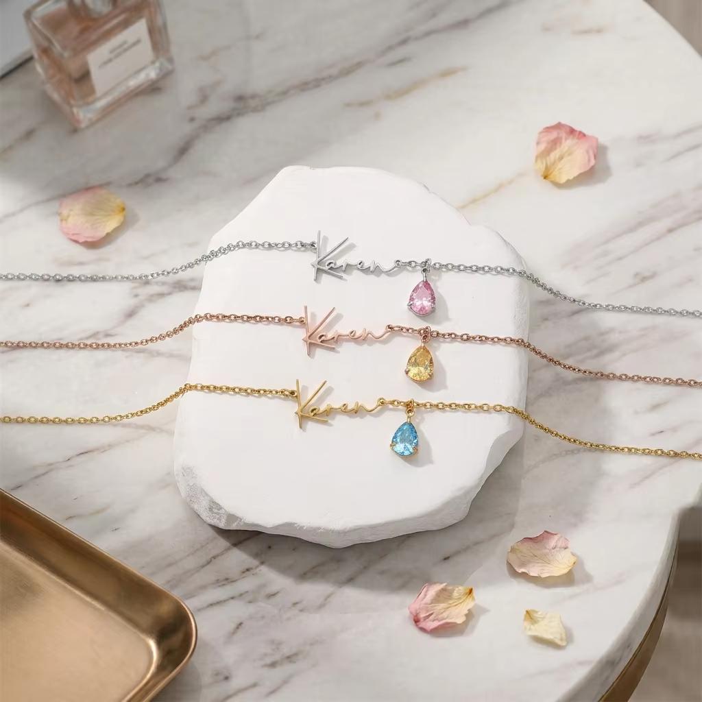 Stainless Steel Custom Name Letter Necklace Water Drop Birthstone Pendant 18K Gold Name Necklace for Wedding Necklace&18inches
