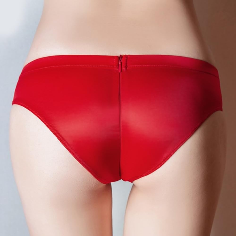 Front and Back Full Sexy and Erotic [AQURAD] Zip, Open, Shorts, Glossy, Shiny, Unisex, Women's Men's Underwear, Panties, (M, Red)