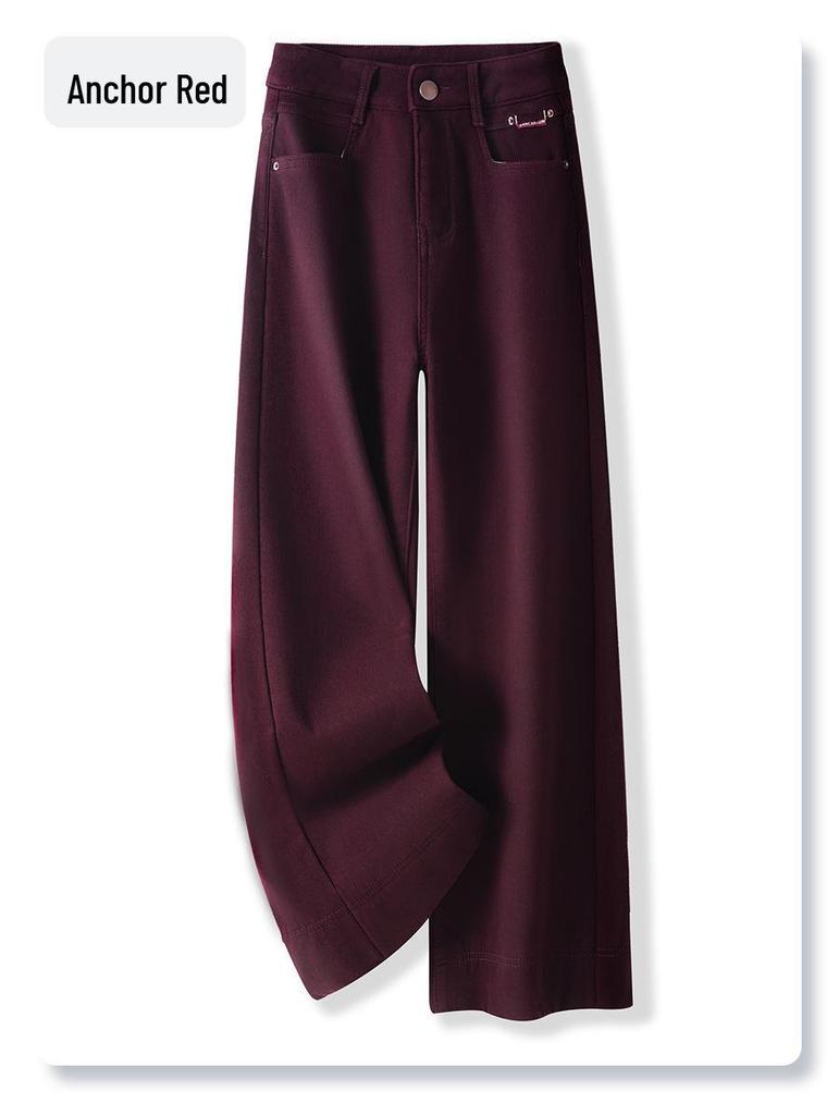 Ancola Women's Red Fleece-Lined Wide-Leg Jeans, Autumn/Winter 2024 Retro High-Waisted Slim Fit