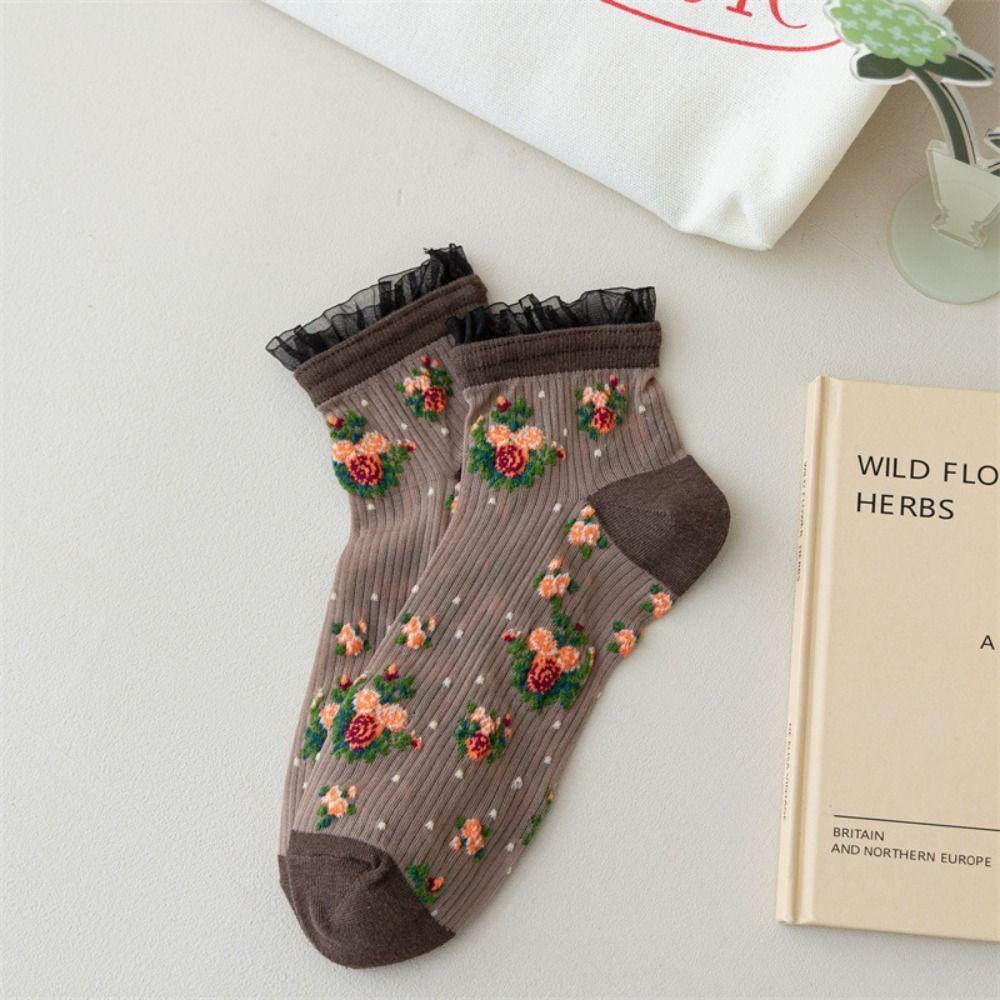 

Ultra-thin Transparent Ankle Socks Floral Element Lace Ruffle Socks Spring and Summer кофейный