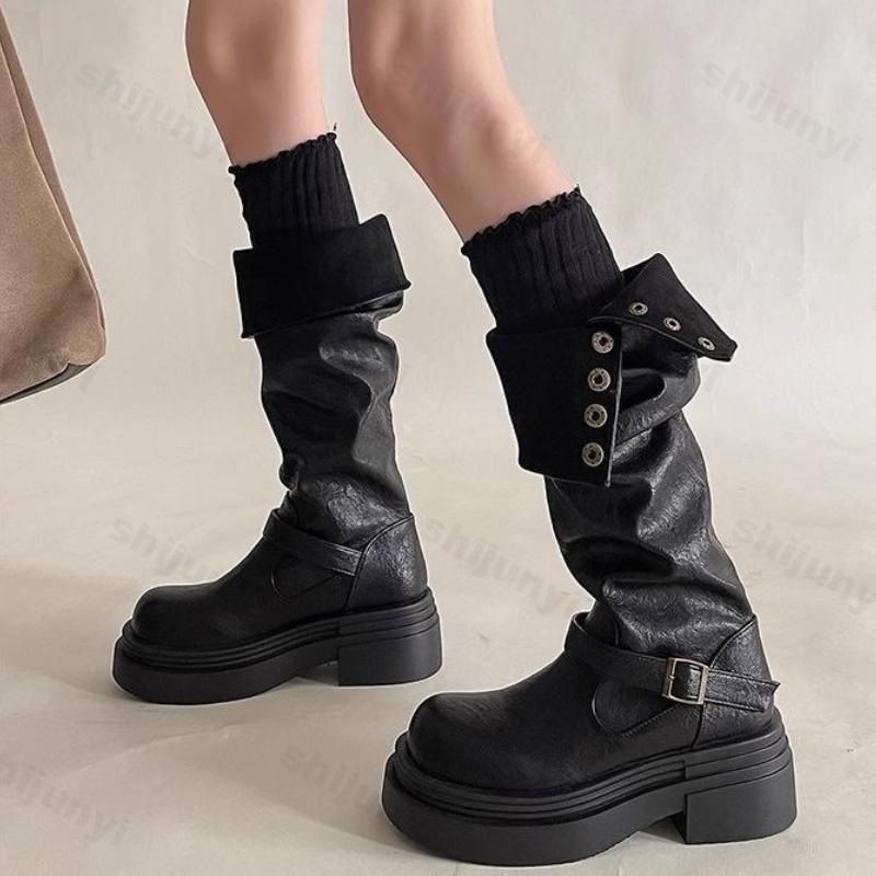 Mode Damenmode Ritterstiefel Herbst Winter Mode Schnallenriemen Cowboy Stiefel Bequeme Höhenerhöhung Rutschfeste Mid-Calf Stiefel