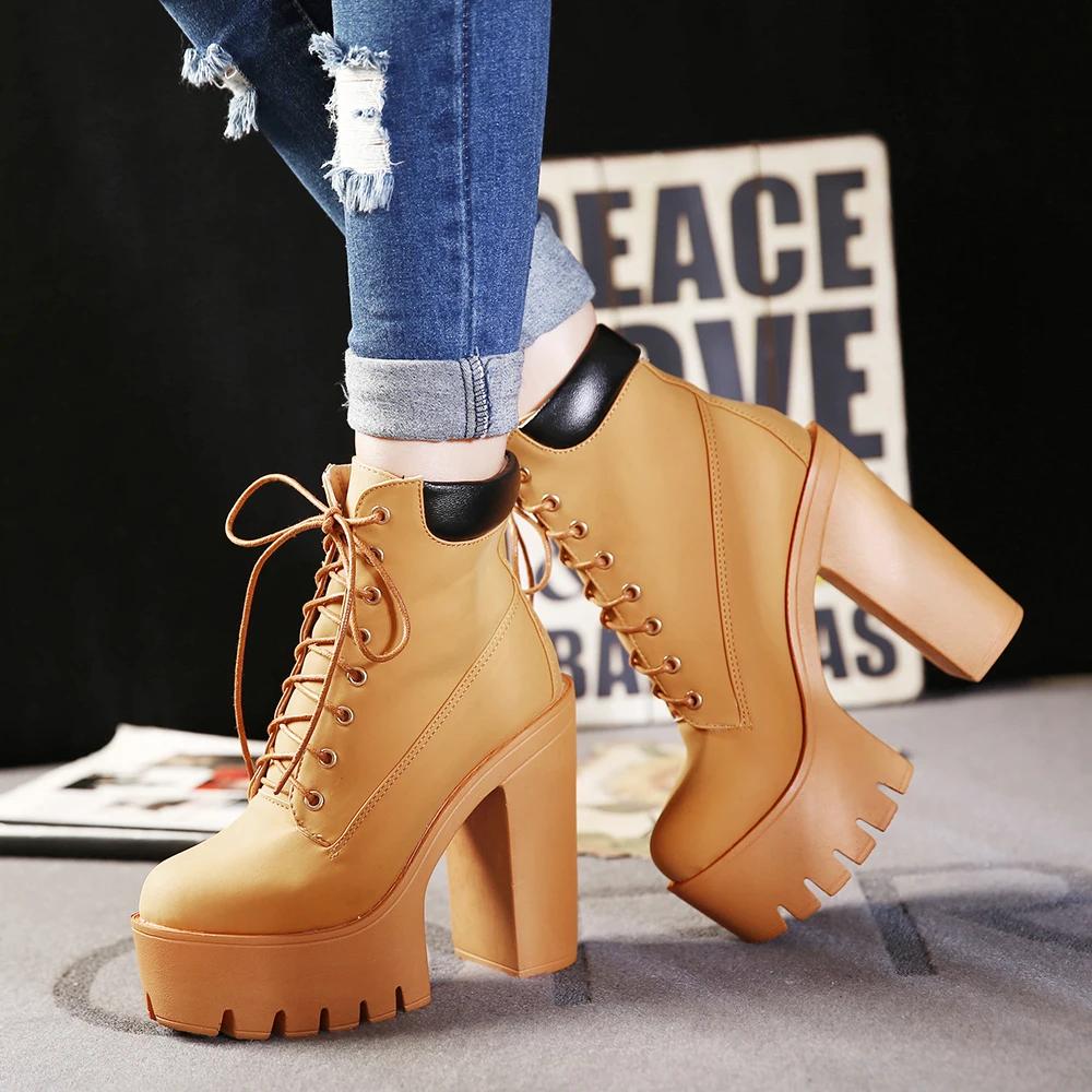 Women'S Chunky Heeled Short Boots Round Toe Lace Up High Heels Solid Color Waterproof Platform Motorcycle Boots For Women