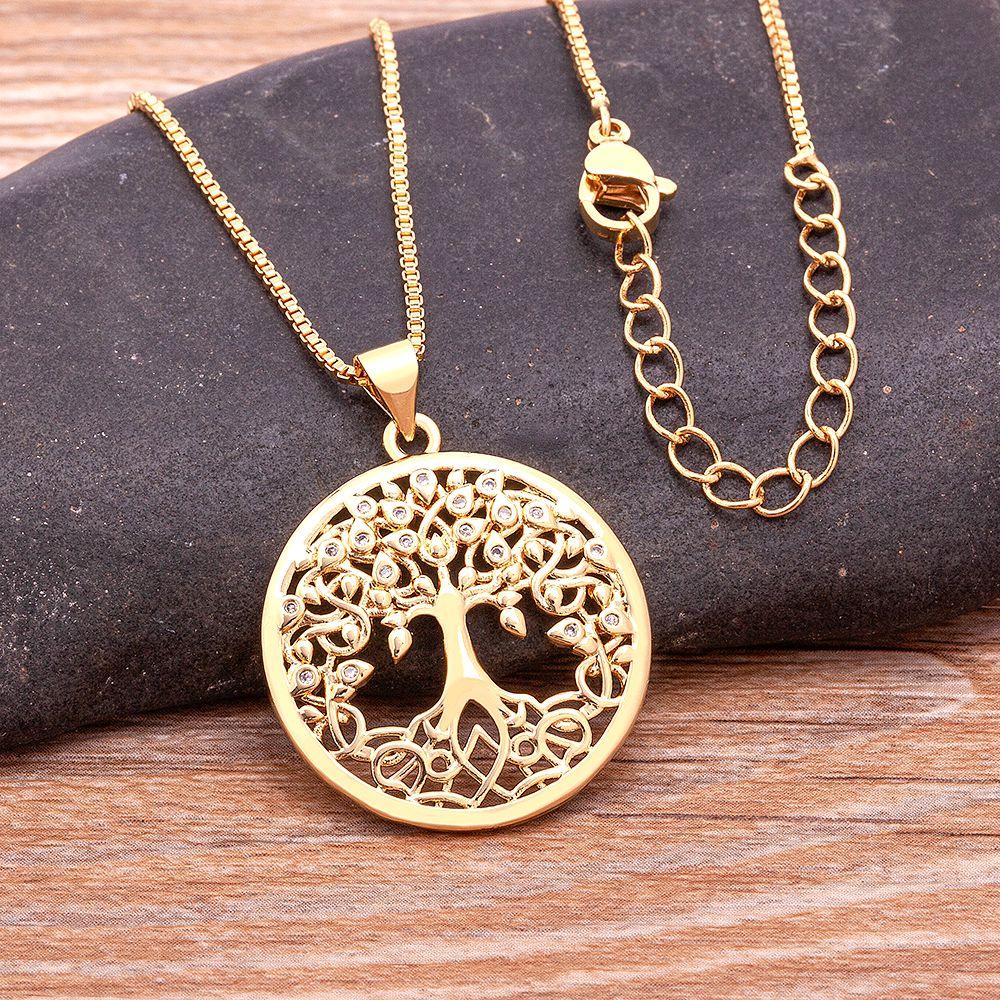 Nidin Trendiges personalisiertes Lebensbaum-Halskette für Damen Vergoldeter runder Anhänger Zirkon Schmuck Weihnachtsgeschenke für Eltern Großhandel